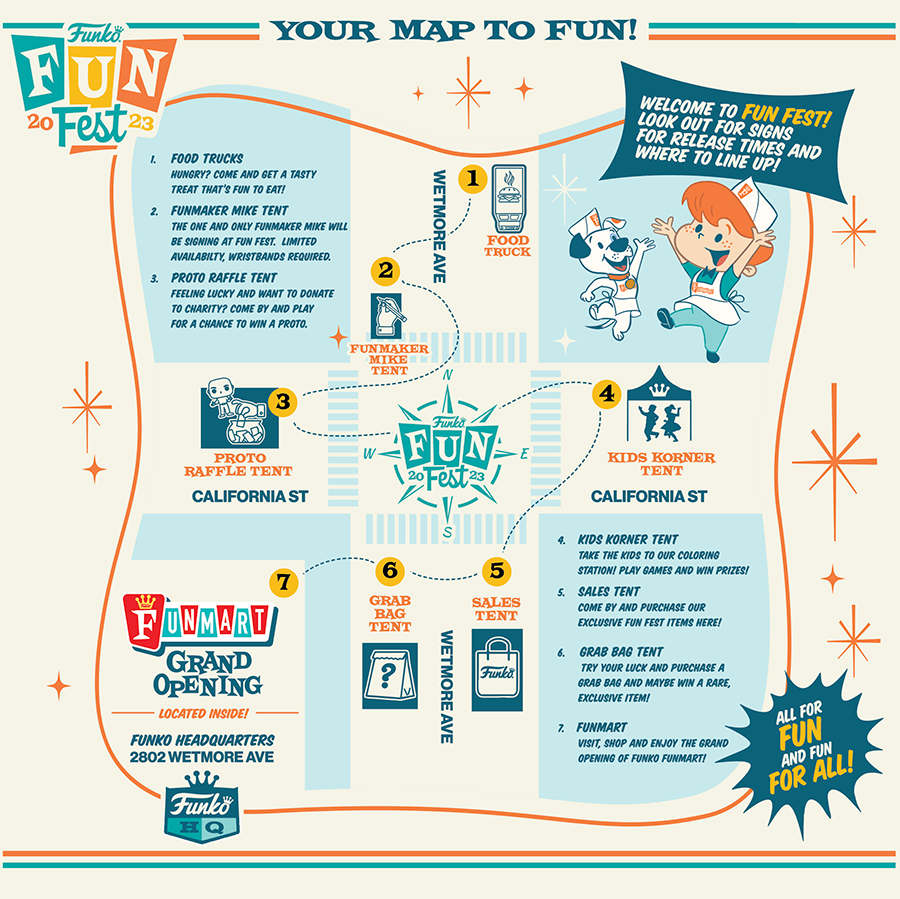 Fun Fest 2023 "poppified" map with Freddy Funko and Proto welcoming everyone to Fun Fest. Food trucks and the tent where Funmaker Mike will be signing items are on Wetmore.  Further down Wetmore are the Sales Tent and the Grab Bag Tent. The store is where you'll find Funmart. On California Street, you'll find the Proto Raffle Tent and Kids' Korner. 